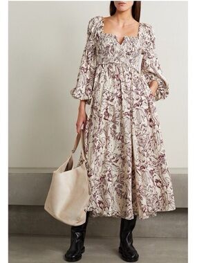 La Ligne Silk Bettina Smocked Ballon Sleeve Midi Dress